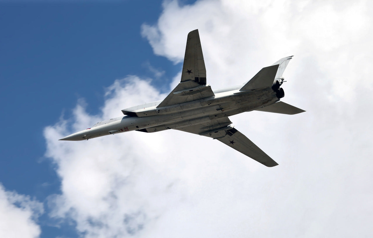 Underside view of a Tu-22M3 in flight, with its entire fuselage, wings, tail and twin exhausts inside the frame.