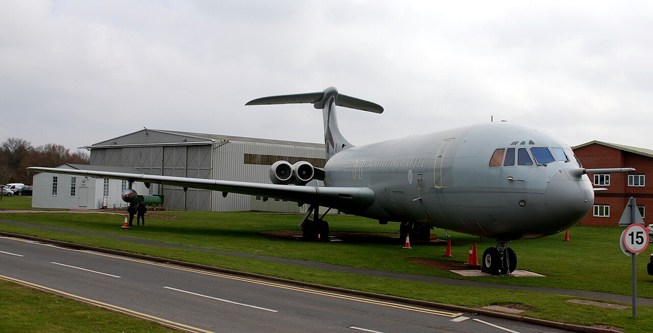 VC10 C1K XR808 on an outdoor museum display, seen from the front and side.